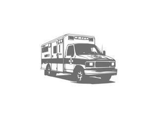 A black and white silhouette of a ambulance icon. Black ambulance icon on white background.
