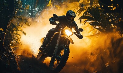 Adventure Rider in Dense Jungle with Dust Cloud