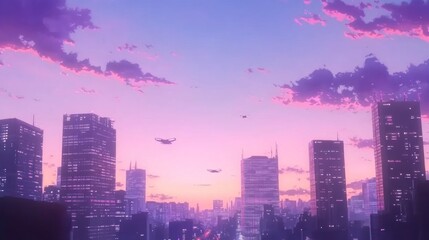 Futuristic city skyline at sunset with helicopters flying, pastel purple and pink sky, stylized anime aesthetic.