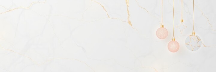 This elegant Christmas background features two white ornaments hanging from gold strings, adorned with gold stars. The minimalist design and soft white background create a sophisticated and timeless.