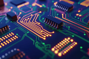 Obraz premium Glowing circuit board with intricate electronic pathways