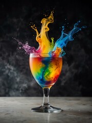 Obraz premium A vibrant cocktail with rainbow colors, vapor swirling around it.