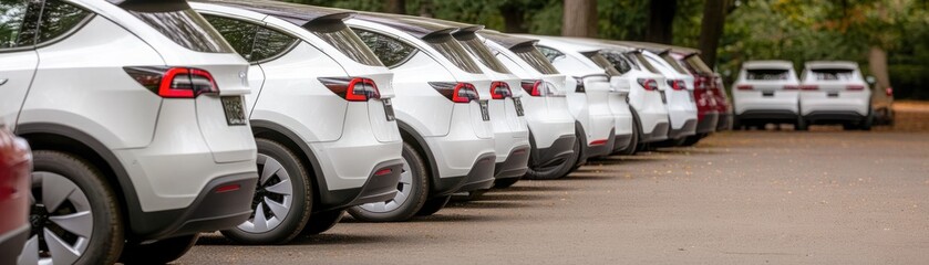 Row of Modern Electric Vehicles Parked in a Scenic Area Surrounded by Lush Greenery, Representing the Shift Towards Sustainable Transportation Solutions