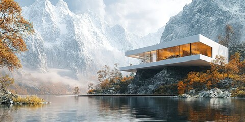 Modern architecture blends with nature in a serene mountain lake setting during autumn