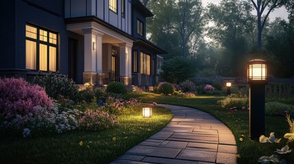 Fototapeta premium Evening view of a house with landscaped pathway and lighting.