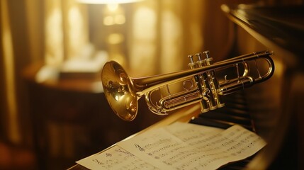 Gold trumpet rests on piano keys with sheet music in a dimly lit room.