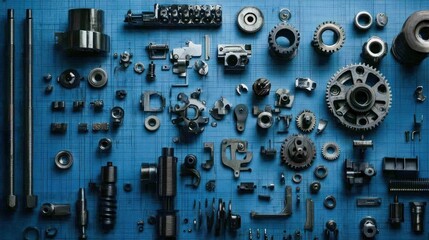 Collection of mechanical parts on a blue background.