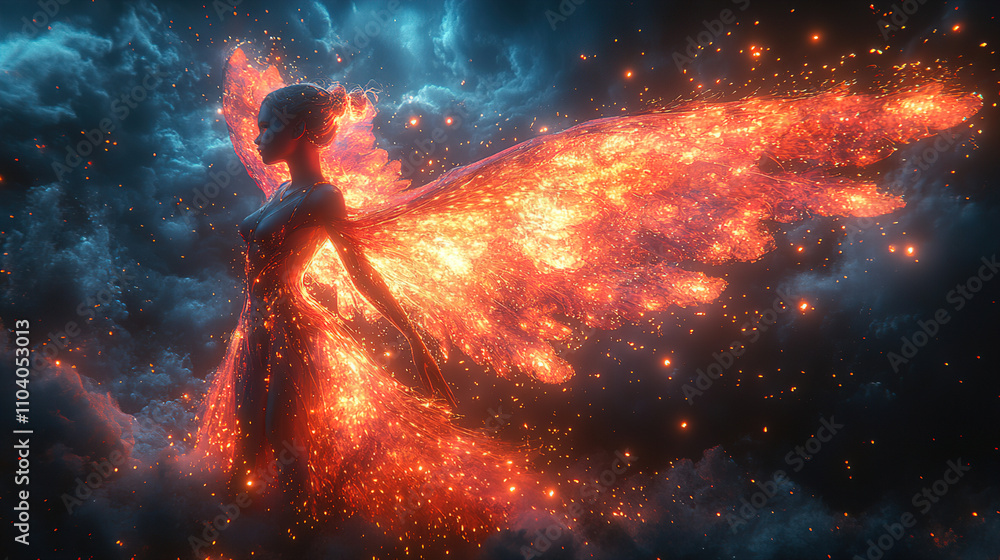Poster Ethereal figure with fiery wings emerges from clouds in a surreal cosmic setting at twilight. Generative AI
