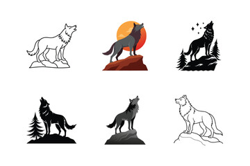 Howling Wolf Silhouette Vector Set - Majestic Wildlife Illustration for Nature and Wilderness Designs