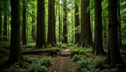 Obraz premium Beautiful landscape view of green summer forest with spruce and pine trees mountain, lake, river. Adventure travel nature background. Ecosystem ecology healthy environment.