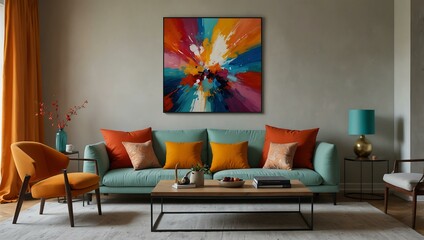 A vibrant, abstract wall art in a serene living room.