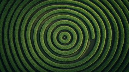 Fototapeta premium Aerial View of a Green Circular Maze: Nature's Intricate Design in Geometric Harmony for Environmental Inspiration