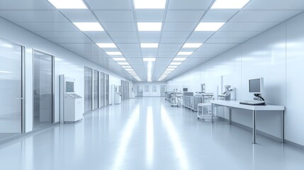 Obraz premium Clean, bright hallway in a modern laboratory or medical facility with high-tech equipment.