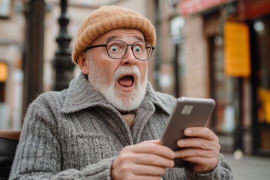 Senior man shock while looking at smartphone.