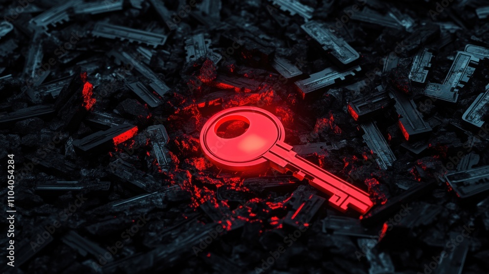 Aufkleber illuminated red key surrounded by dark metallic objects on ground