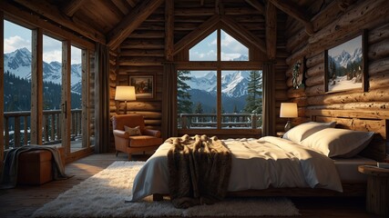Rustic cabin bedroom with log walls