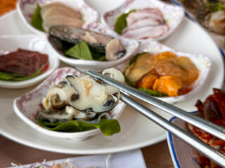 Korean seafood. fresh abalone sashimi