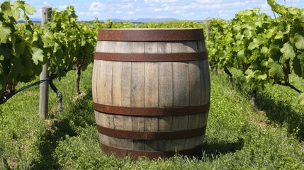Obraz premium Wooden Barrel Surrounded by Lush Vineyard Under Bright Sky