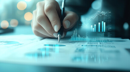 business owner analyzes financial data, focusing on charts and graphs to assess impact of tariffs on profits. image conveys sense of precision and strategic planning
