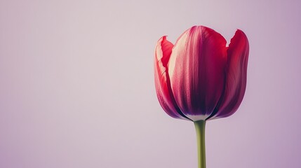 A deep red tulip on a soft lavender backdrop, close-up shot, Minimalist style