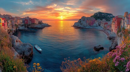 A picturesque sunset over a coastal village with colorful buildings and a tranquil sea.
