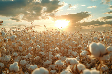 A peaceful cotton field at sunrise, soft light casting a warm glow on fluffy white bolls, stretching toward the horizon