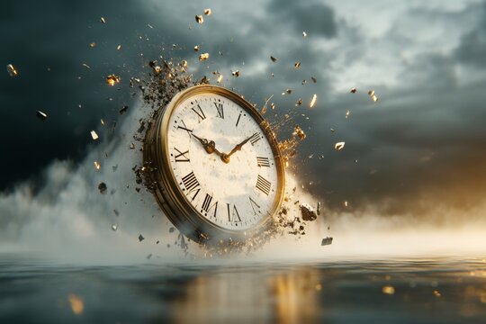 Exploding Vintage Clock: Conceptual Image of Time Destruction Amidst Surreal Landscape for Futuristic Themes
