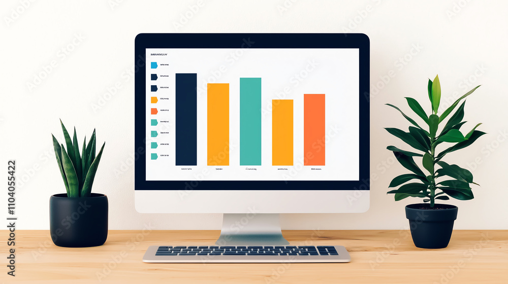 Poster computer monitor displaying colorful bar chart on wooden desk, flanked by two potted plants, creatin