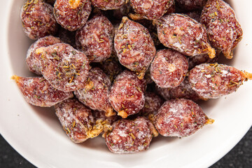 small smoked sausages appetizer mini salami sausage kabanosy fast food fresh tasty food dish delicious gourmet food background on the table rustic food top view copy space