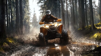 Adventurous Rider on ATV Splashing Through Muddy Forest Trail
