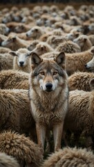 Fototapeta premium A wolf blending in among sheep, presenting hidden dangers.