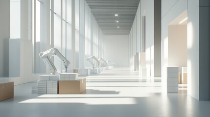 Fototapeta premium Robotic arms in a bright, minimalist warehouse processing cardboard boxes.