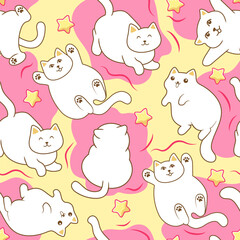 The sweet seamless pattern with a kawaii white kittens. Children's and bright cartoon illustration with cute cats, lines and stars.