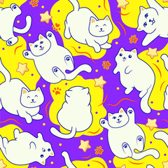 The seamless pattern with kawaii white kittens. Children's and bright cartoon illustration with cute cats, lines and stars.	
