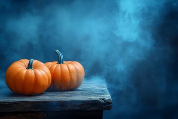 Halloween pumpkins on wooden table with blue foggy background, spooky night decoration for Halloween.