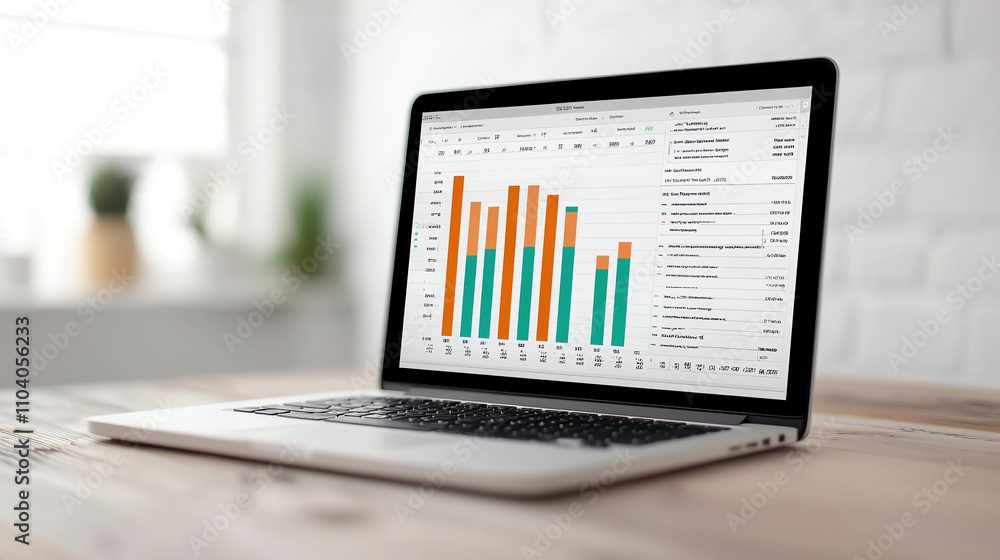 Poster laptop displaying colorful spreadsheet with income and withholding amounts, set in bright workspace.