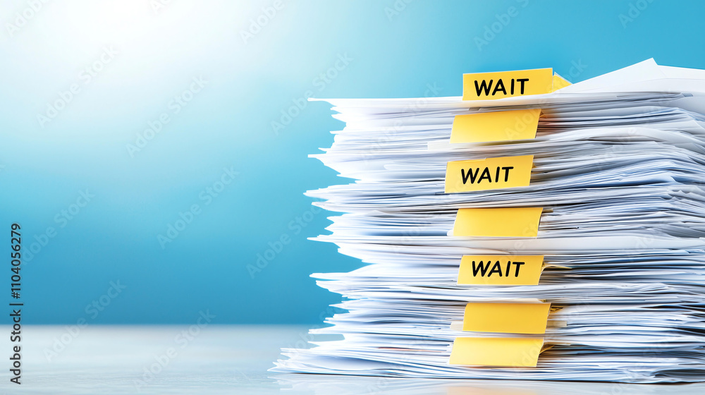 Poster stack of documents with yellow wait stamps organized neatly. image conveys sense of anticipation and