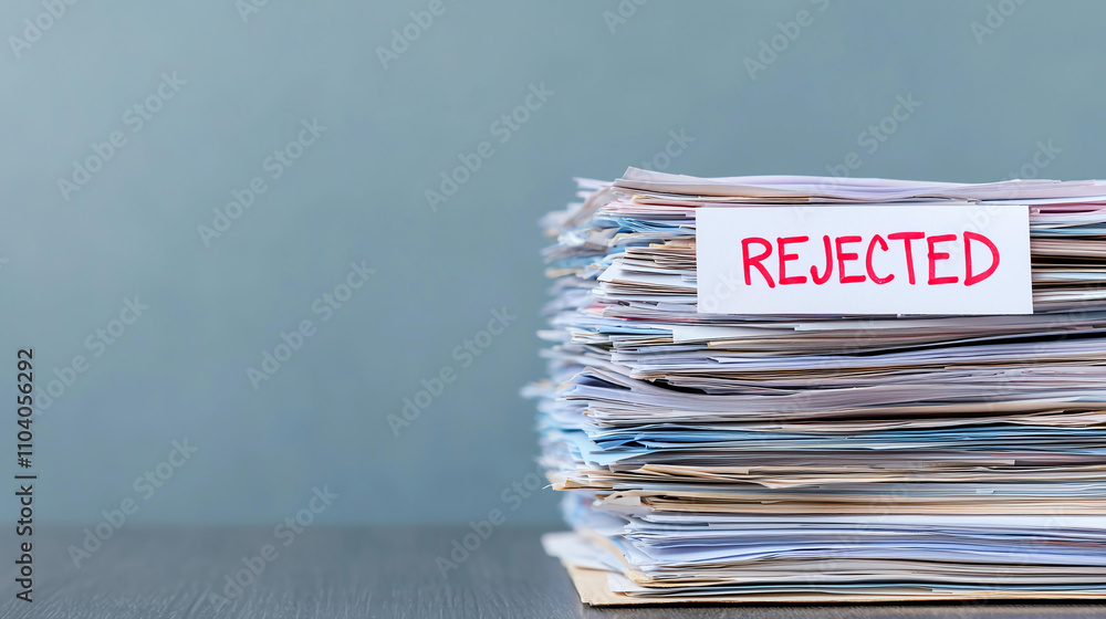 Poster stack of documents marked rejected in red, symbolizing disorganization and rejection. this conveys s
