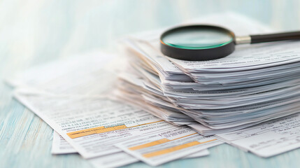 Stack of receipts and tax forms with magnifying glass on top, symbolizing careful examination and organization of financial documents