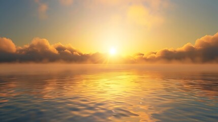 Fototapeta premium Golden Sunset Over Calm Ocean Water With Clouds