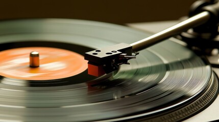 Close-up of a turntable needle playing a vinyl record.