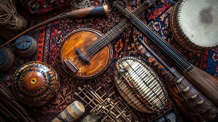 A collection of traditional musical instruments from around the world, including a banjo, a guitar, a drum, a flute, and a xylophone, arranged on a colorful rug.