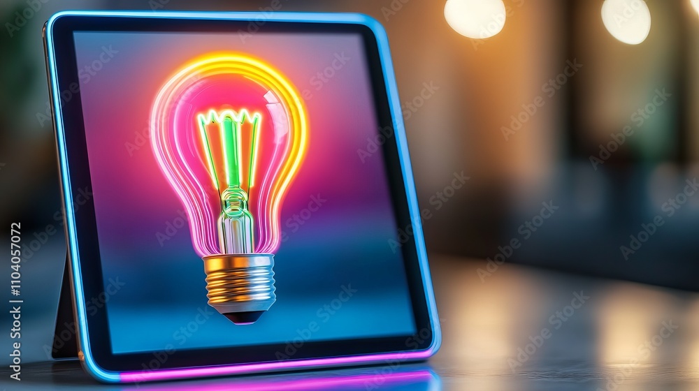 Poster a vibrant digital display featuring a neon light bulb design with colorful glowing elements against 