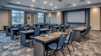 A modern conference room setup with tables and chairs for meetings or presentations.
