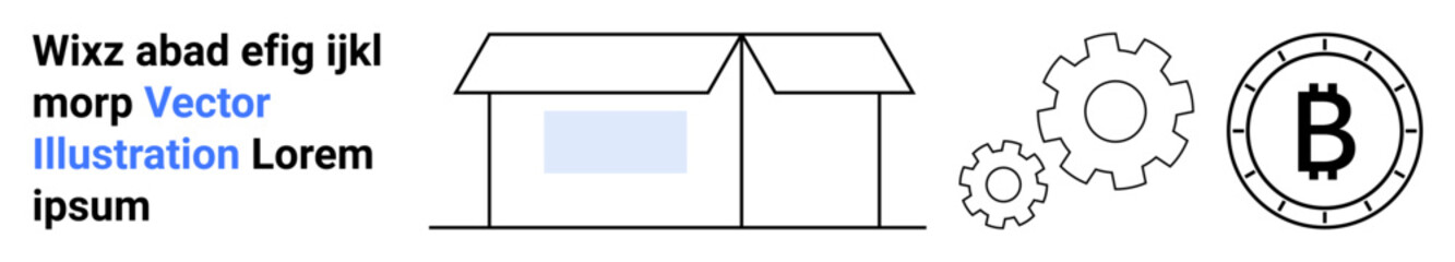House with pitched roof, two gears, and Bitcoin symbol. Ideal for blockchain, cryptocurrency, technology, innovation, digital economy, fintech Landing page
