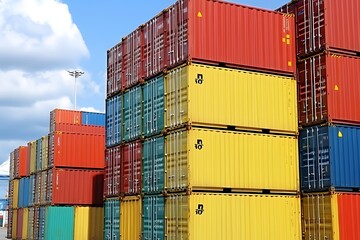 A stack of colorful shipping containers at a port, showcasing logistics and transport operations.