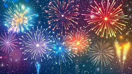 Vibrant Fireworks with Colorful Explosions Lighting up the Night Sky  Festive and joyous fireworks display in various shapes sizes and colors bursting across the dark sky