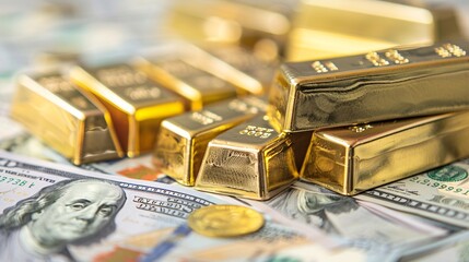 Closeup view of shiny gold bullion bars stacked on top of US dollar bills against a blurry financial background symbolizing wealth investment and economic prosperity
