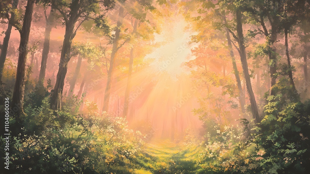 Poster sunlit path through a mystical forest scene
