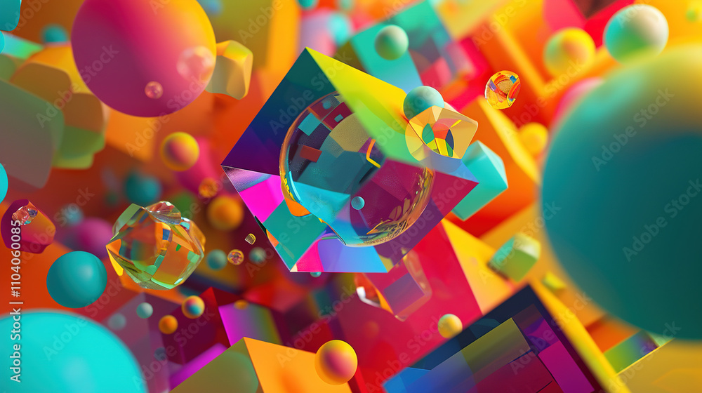Poster abstract background with colorful 3d shapes scattered in geometric composition